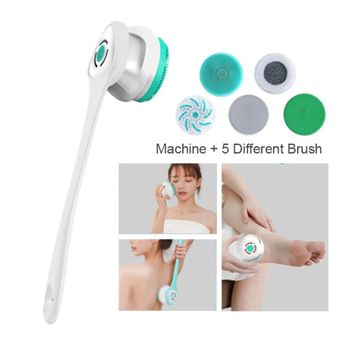 Electric Bath Brush 5-in-1 Long Handle Rechargeable Spin Body Facial Scrubber Back Rubbing Cleaning  Massage Spa Shower Brush